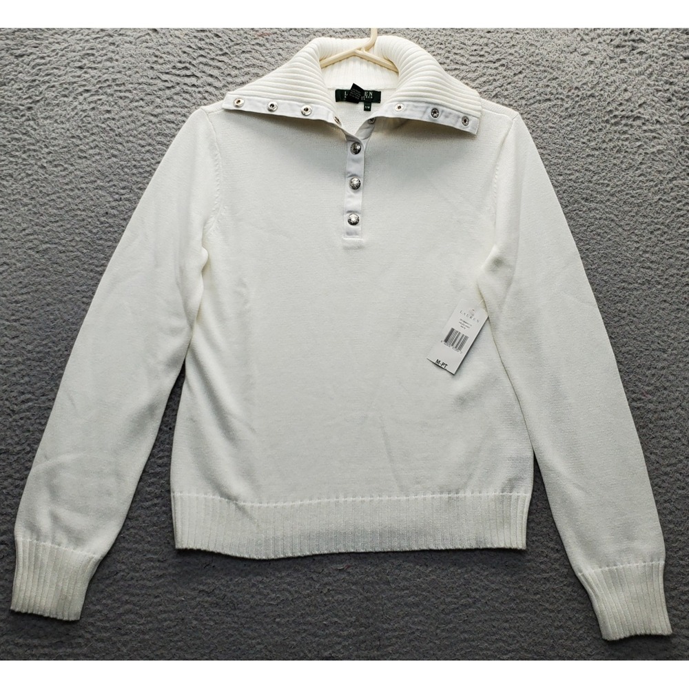 Lauren Ralph Lauren 1/4 Snap Pullover Sweater Womens Petite PM White Fitted Hem